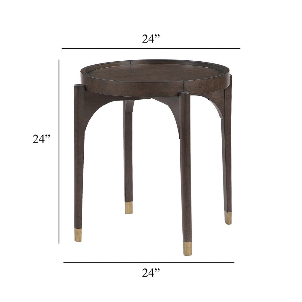 Azy Side End Table, 24 Inch Round Top, Gold Capped Legs, Dark Brown  - BM345387