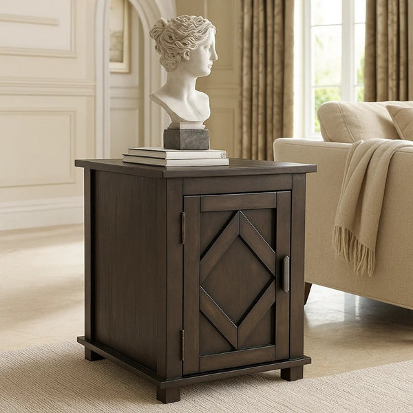 Leky Chairside Table, 22 Inch, 1 Cabinet with Adjustable Shelf, Brown - BM345391