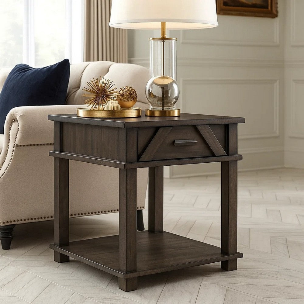 Leky Side End Table, 24 Inch, 1 Drawer with Lower Open Shelf, Brown - BM345392