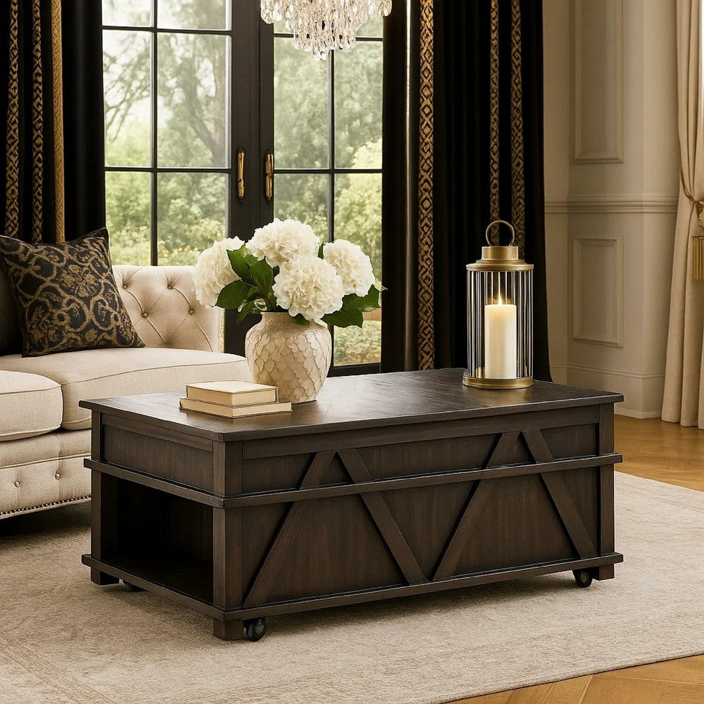 Leky Coffee Table, 44 Inch, 1 Lift Top with Shelf Underneath, Brown - BM345393