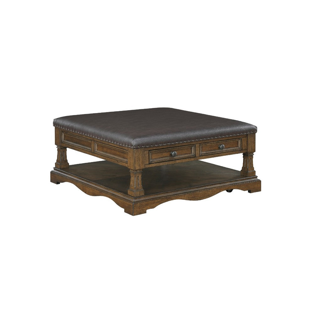 Rox Coffee Table, 39 Inch Brown Faux Leather Top, 4 Drawers and Shelf - BM345394