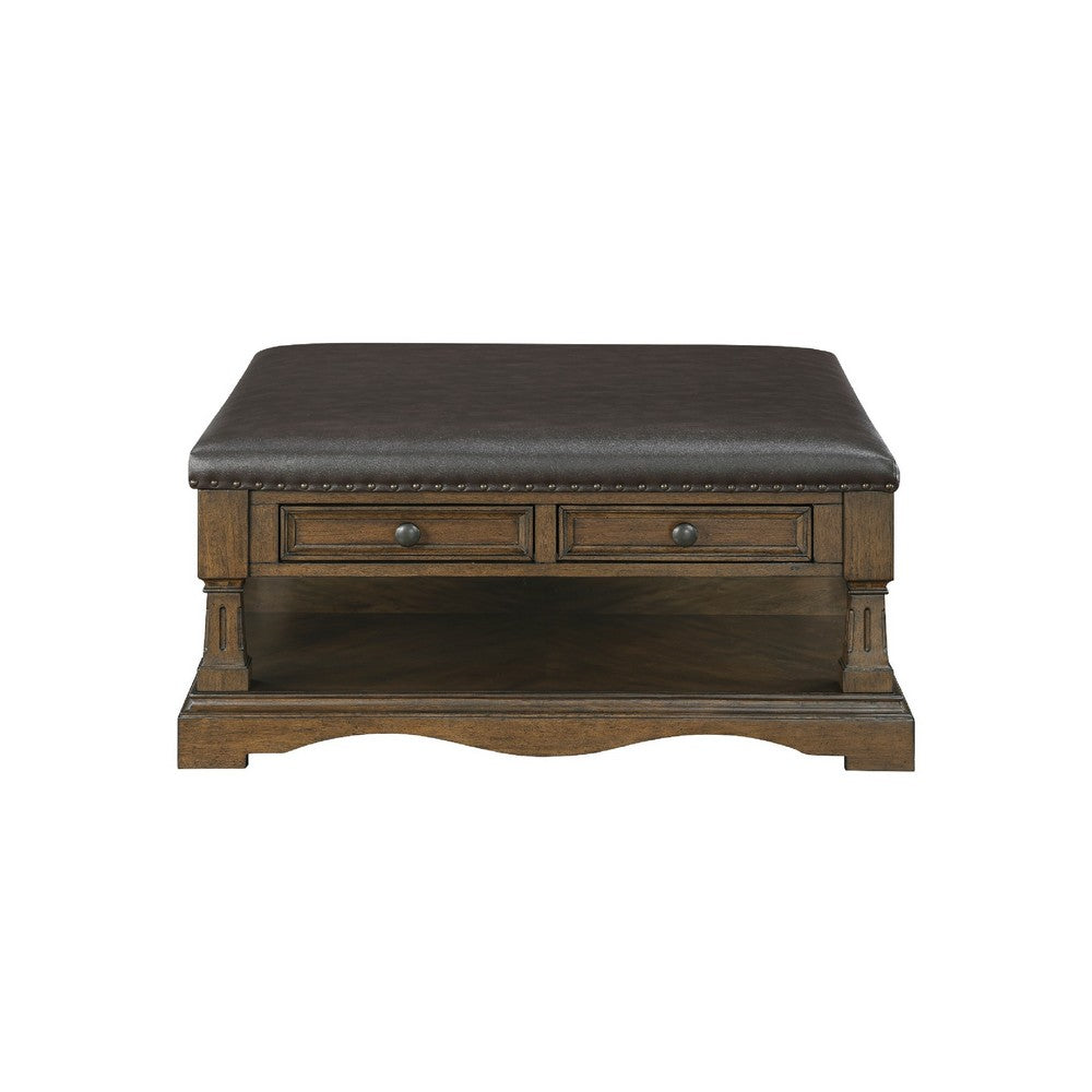Rox Coffee Table, 39 Inch Brown Faux Leather Top, 4 Drawers and Shelf - BM345394