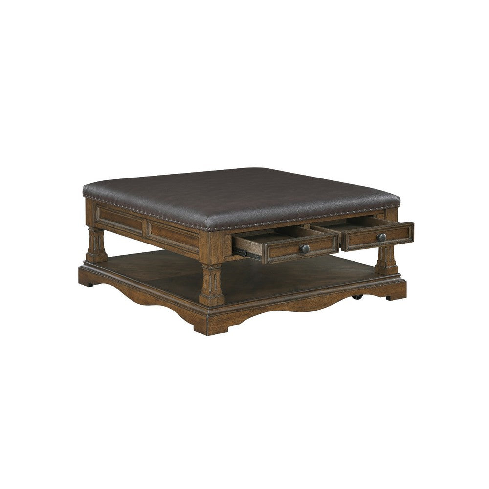 Rox Coffee Table, 39 Inch Brown Faux Leather Top, 4 Drawers and Shelf - BM345394