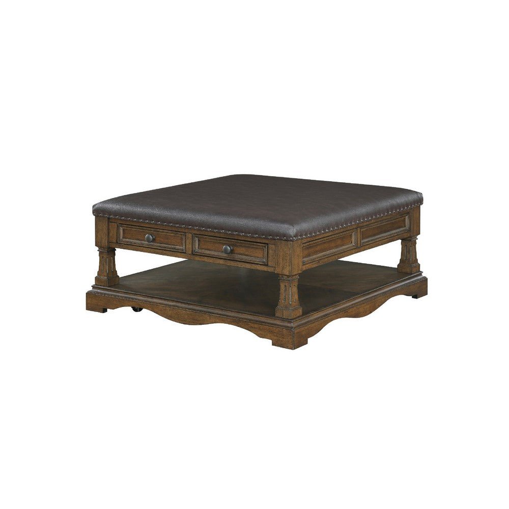 Rox Coffee Table, 39 Inch Brown Faux Leather Top, 4 Drawers and Shelf - BM345394