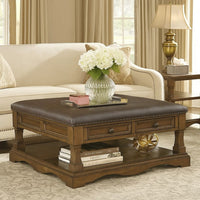 Rox Coffee Table, 39 Inch Brown Faux Leather Top, 4 Drawers and Shelf - BM345394