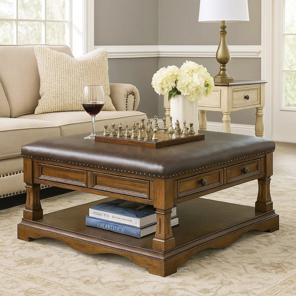 Rox Coffee Table, 39 Inch Brown Faux Leather Top, 4 Drawers and Shelf - BM345394