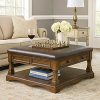 Rox Coffee Table, 39 Inch Brown Faux Leather Top, 4 Drawers and Shelf - BM345394