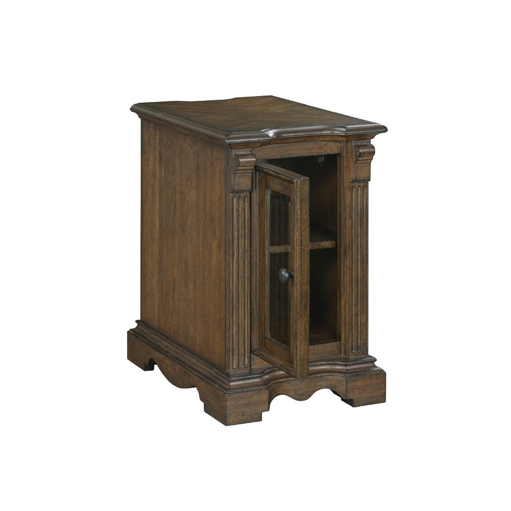 Rox Chairside End Table, 22 Inch, 1 Glass Door w USB A and C Ports, Brown - BM345395