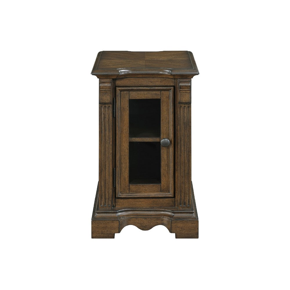 Rox Chairside End Table, 22 Inch, 1 Glass Door w USB A and C Ports, Brown - BM345395