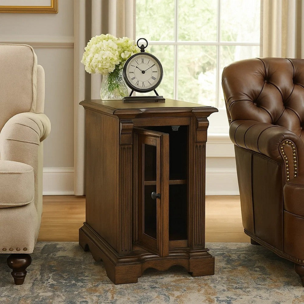 Rox Chairside End Table, 22 Inch, 1 Glass Door w USB A and C Ports, Brown - BM345395