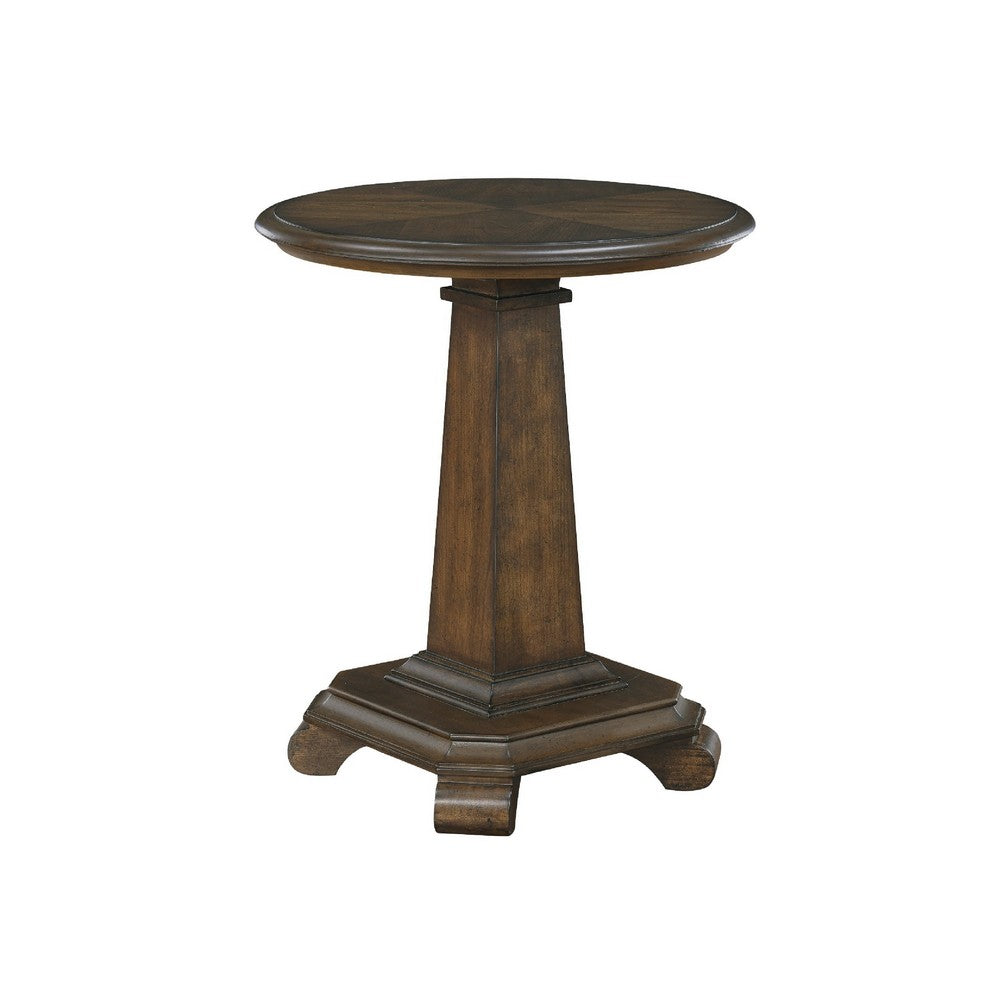 Rox Side End Table, 22 Inch Round Top, Tapered Pedestal Base, Brown - BM345396