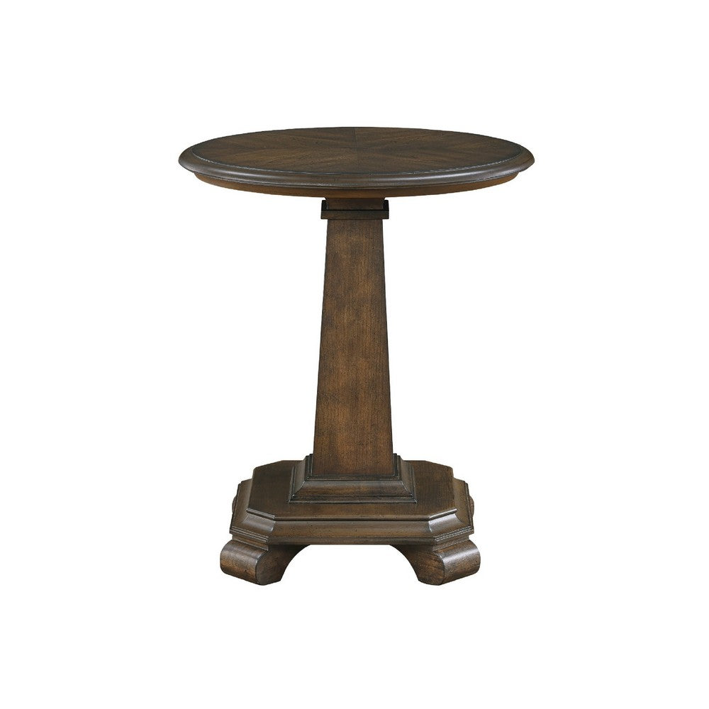 Rox Side End Table, 22 Inch Round Top, Tapered Pedestal Base, Brown - BM345396