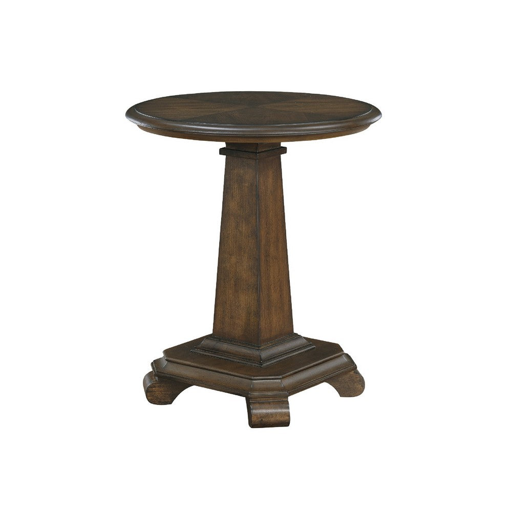 Rox Side End Table, 22 Inch Round Top, Tapered Pedestal Base, Brown - BM345396