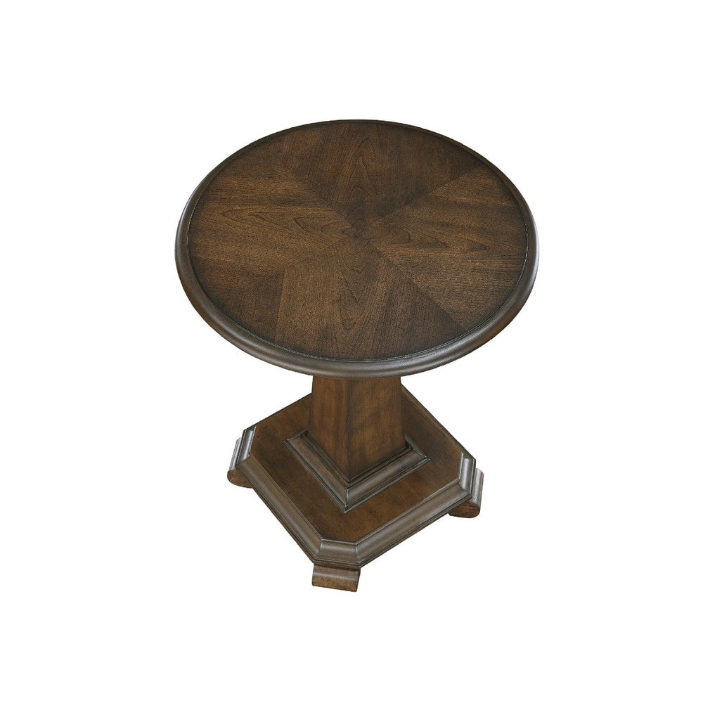 Rox Side End Table, 22 Inch Round Top, Tapered Pedestal Base, Brown - BM345396