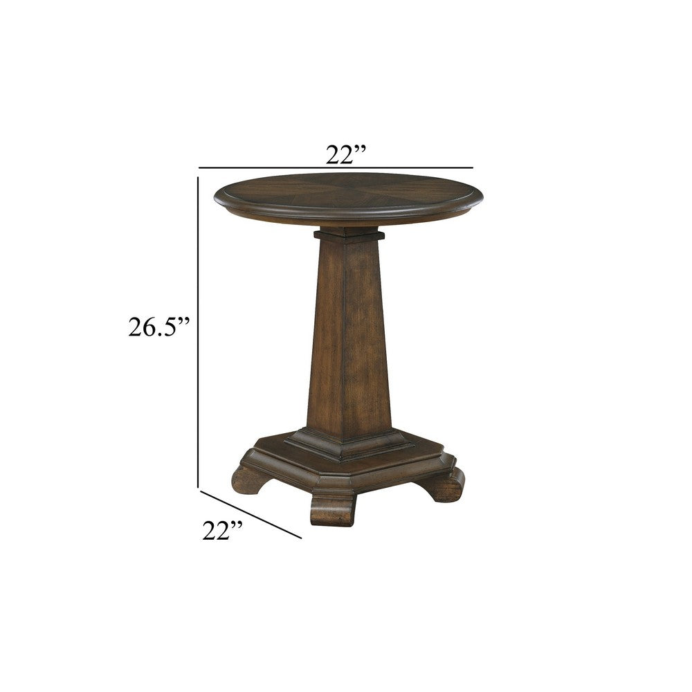 Rox Side End Table, 22 Inch Round Top, Tapered Pedestal Base, Brown - BM345396