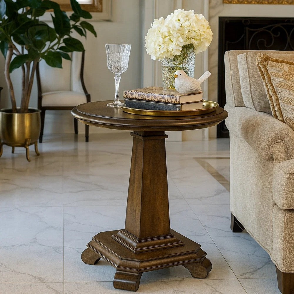 Rox Side End Table, 22 Inch Round Top, Tapered Pedestal Base, Brown - BM345396