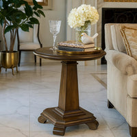 Rox Side End Table, 22 Inch Round Top, Tapered Pedestal Base, Brown - BM345396