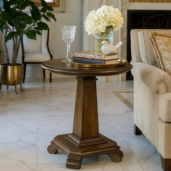 Rox Side End Table, 22 Inch Round Top, Tapered Pedestal Base, Brown - BM345396