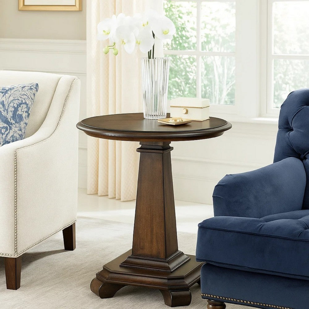 Rox Side End Table, 22 Inch Round Top, Tapered Pedestal Base, Brown - BM345396