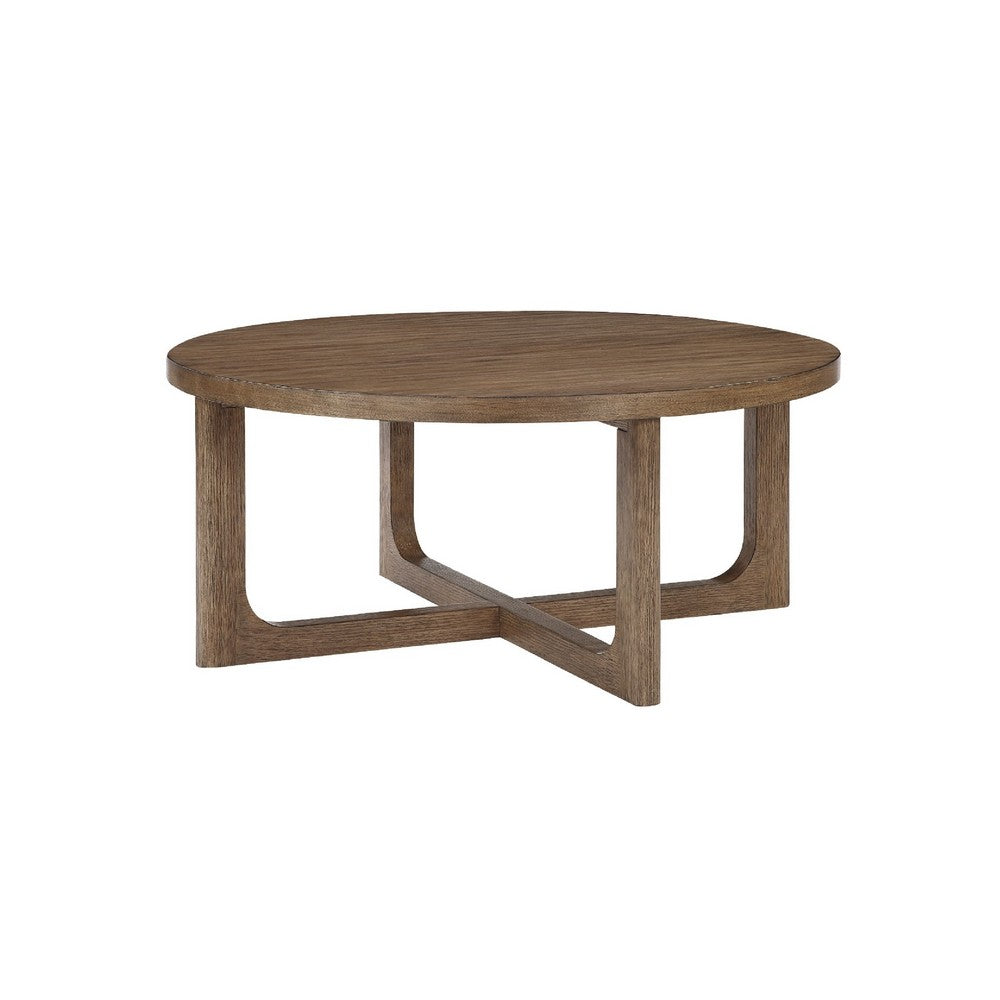 Bly Coffee Table, 42 Inch Round Top, Open X-Base Design, Light Brown - BM345398