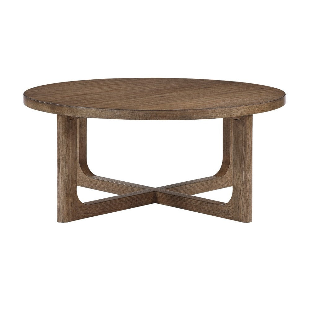 Bly Coffee Table, 42 Inch Round Top, Open X-Base Design, Light Brown - BM345398