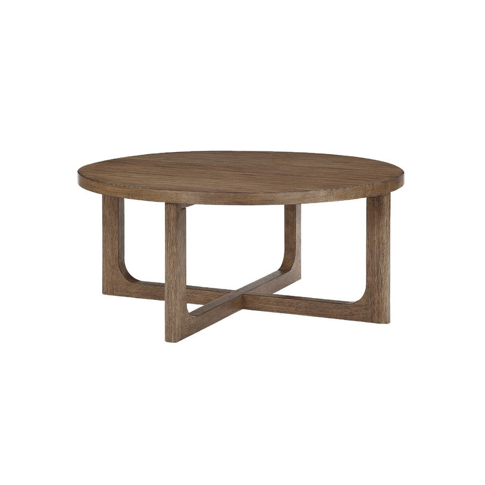 Bly Coffee Table, 42 Inch Round Top, Open X-Base Design, Light Brown - BM345398