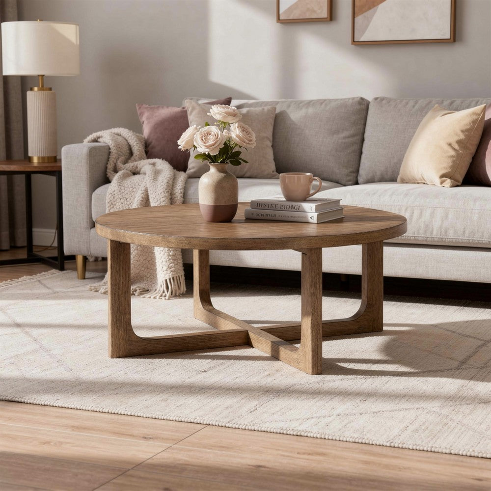 Bly Coffee Table, 42 Inch Round Top, Open X-Base Design, Light Brown - BM345398