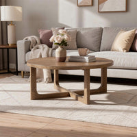 Bly Coffee Table, 42 Inch Round Top, Open X-Base Design, Light Brown - BM345398