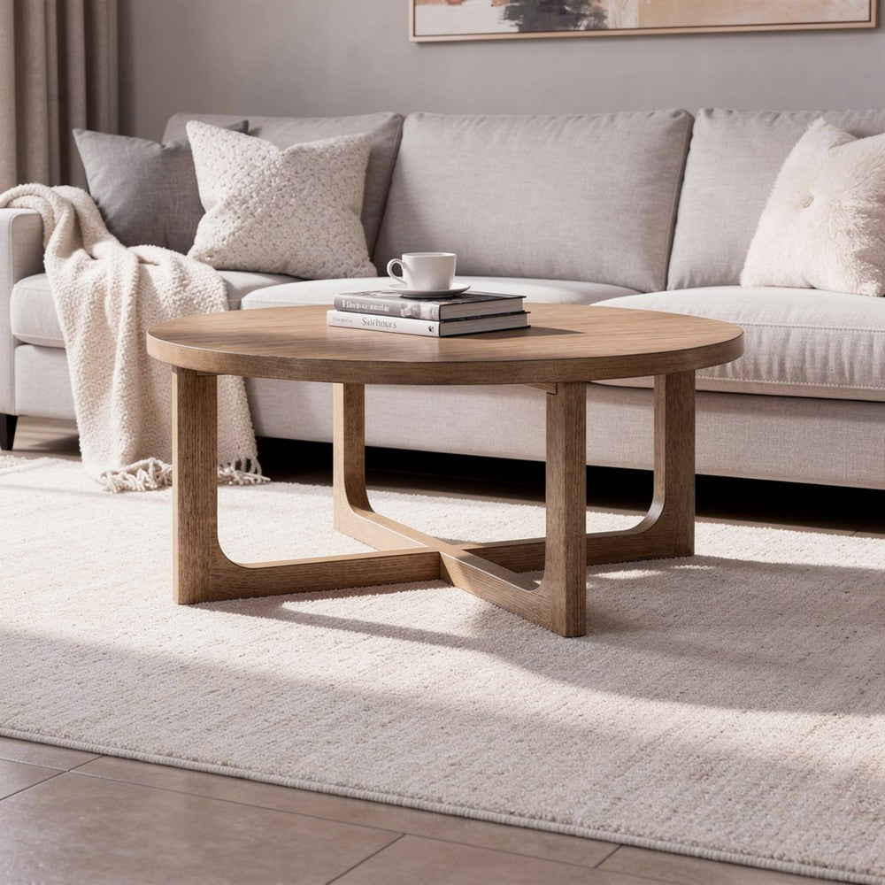 Bly Coffee Table, 42 Inch Round Top, Open X-Base Design, Light Brown - BM345398
