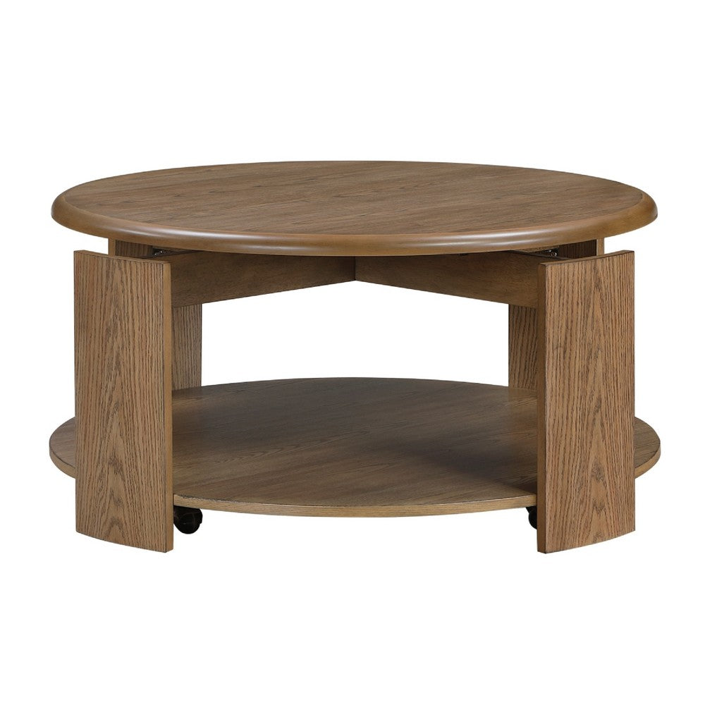 Eli Coffee Table, 40 Inch Round Swivel Top, Lower Open Shelf, Brown - BM345401