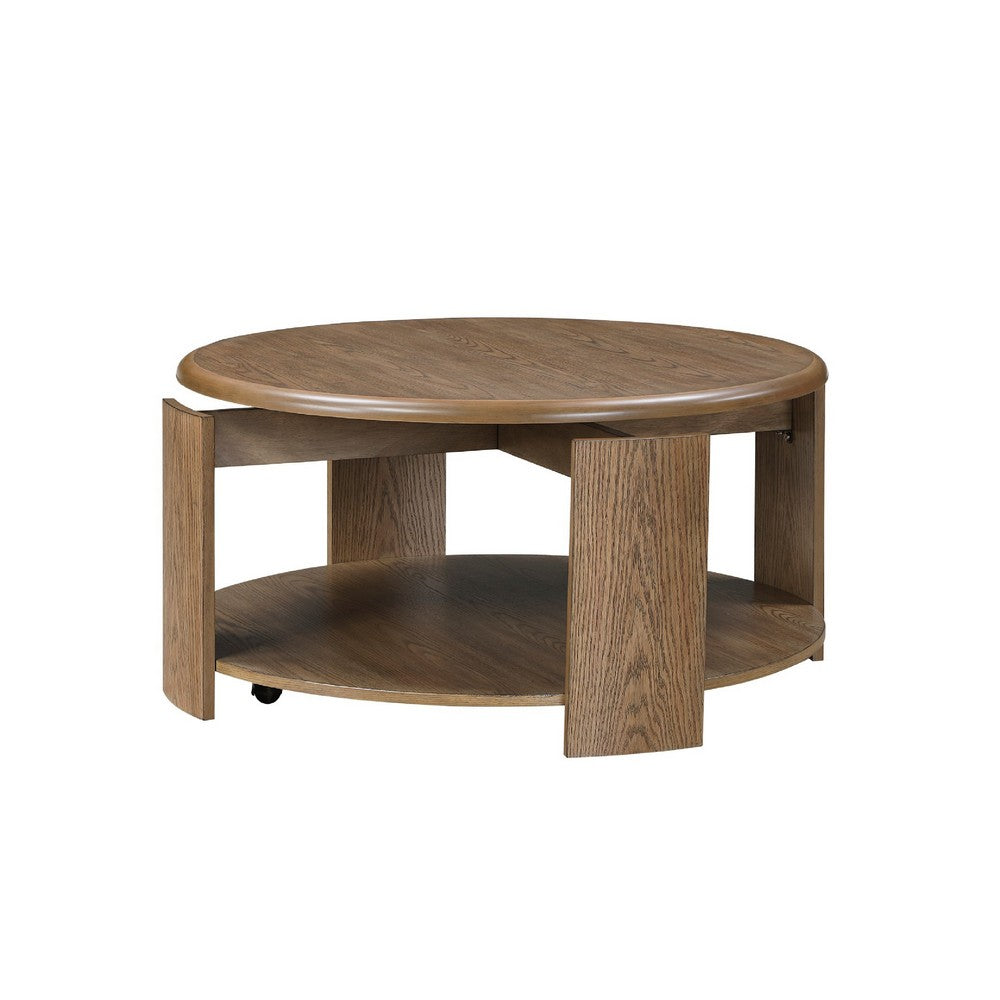 Eli Coffee Table, 40 Inch Round Swivel Top, Lower Open Shelf, Brown - BM345401