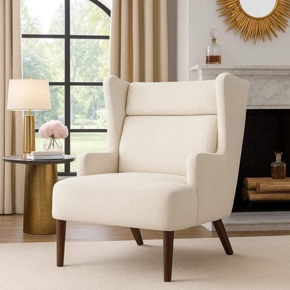 Joen Accent Chair, High Wing Backrest, Beige Chenille, Wood Legs - BM345407
