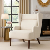 Joen Accent Chair, High Wing Backrest, Beige Chenille, Wood Legs - BM345407