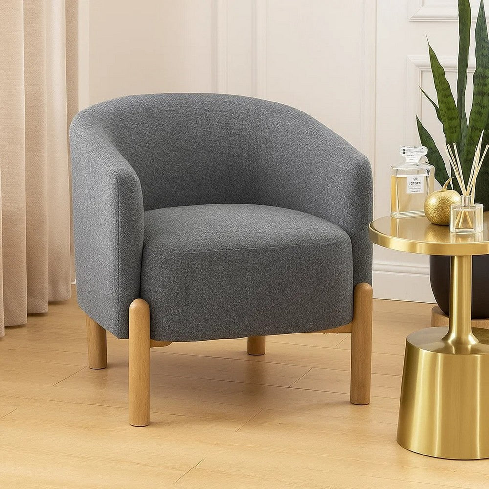 Diya Barrel Style Accent Chair, Gray Polyester, Light Brown Wood Legs - BM345415