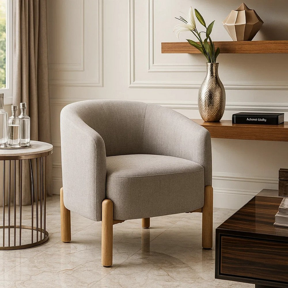 Diya Barrel Style Accent Chair, Taupe Gray Polyester, Brown Wood Legs - BM345416