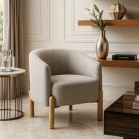 Diya Barrel Style Accent Chair, Taupe Gray Polyester, Brown Wood Legs - BM345416