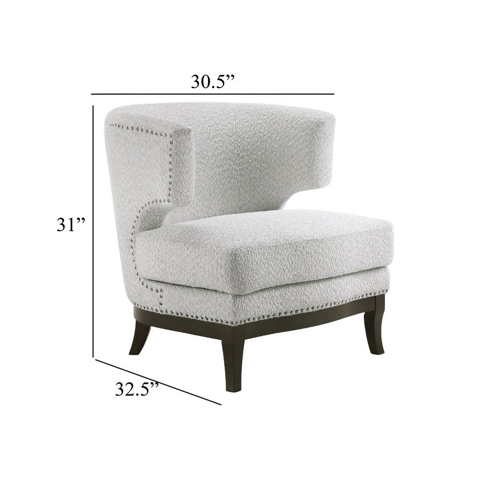 Elly Accent Chair, Barrel Back, Gray Boucle w Nailheads, Brown Wood - BM345419