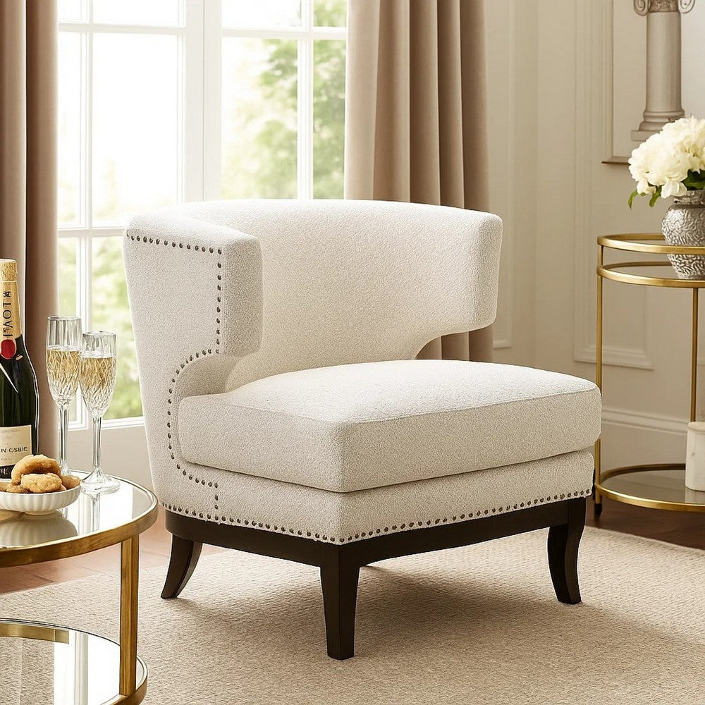 Elly Accent Chair, Barrel Back, Gray Boucle w Nailheads, Brown Wood - BM345419
