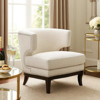 Elly Accent Chair, Barrel Back, Gray Boucle w Nailheads, Brown Wood - BM345419