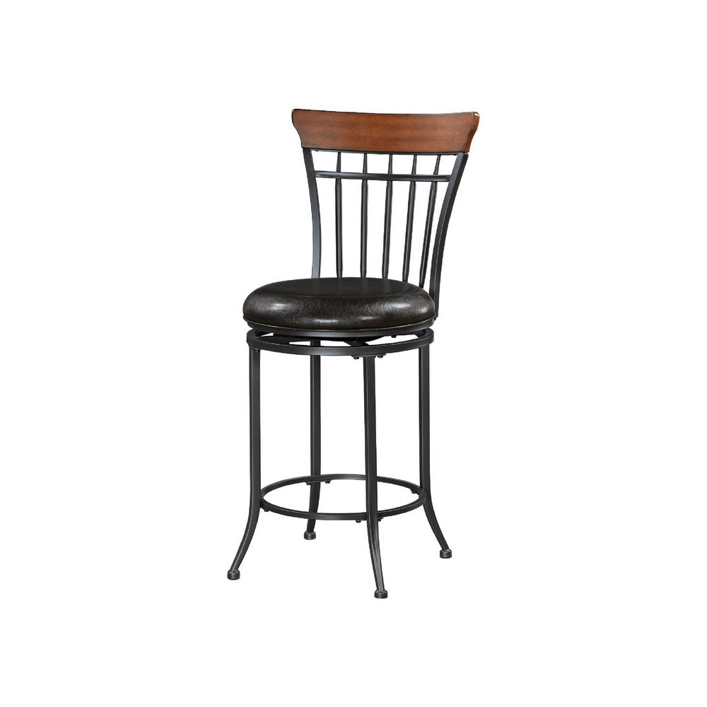 Nira Swivel Counter Chair, Brown Faux Leather, Wood Back, Black Metal - BM345427