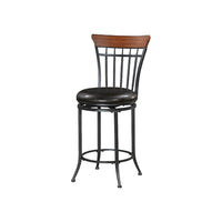 Nira Swivel Counter Chair, Brown Faux Leather, Wood Back, Black Metal - BM345427