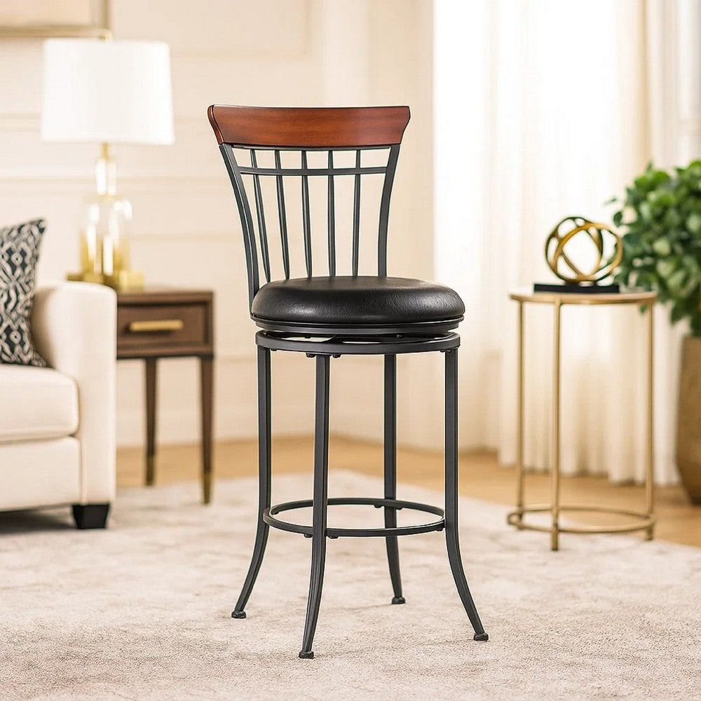 Nira Swivel Counter Chair, Brown Faux Leather, Wood Back, Black Metal - BM345427
