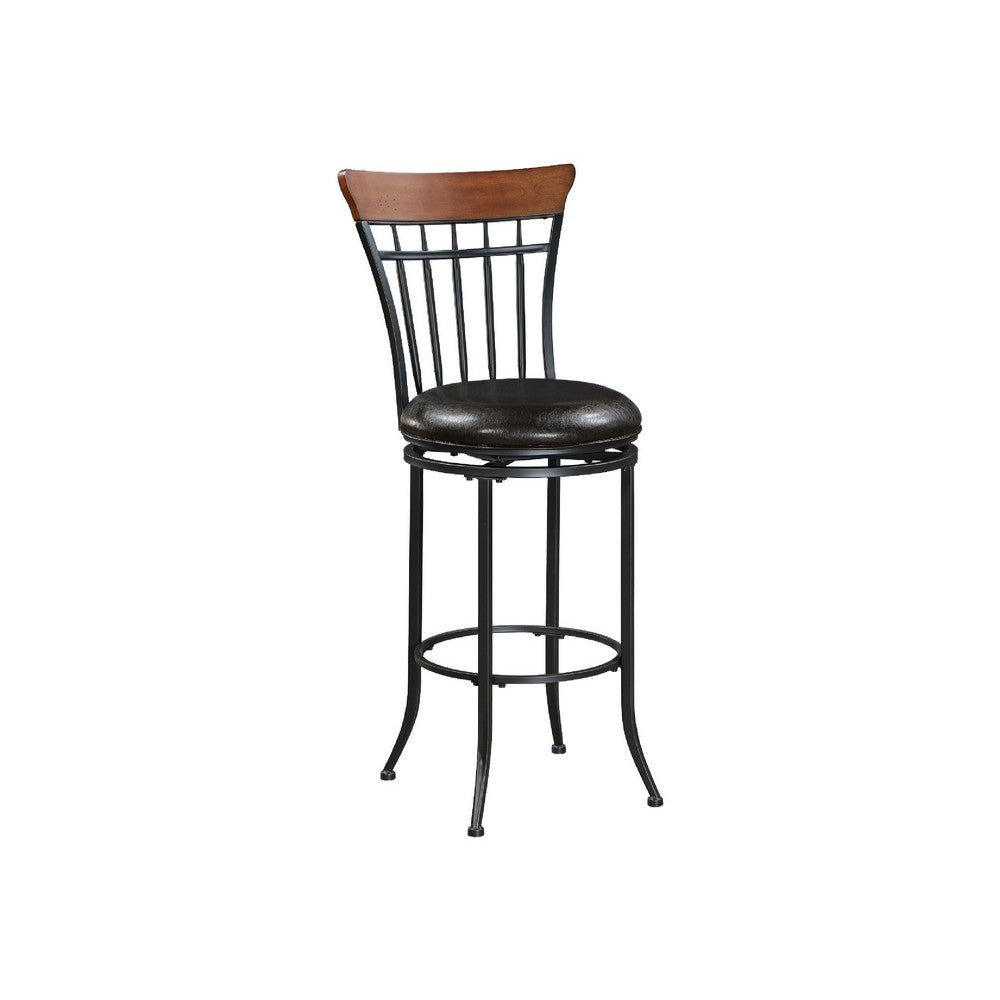 Nira Swivel Bar Height Chair, Brown Faux Leather, Wood Back, Black Metal - BM345428
