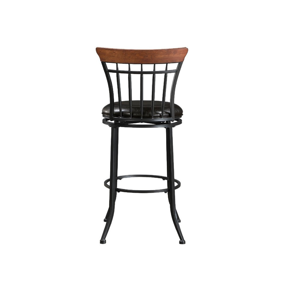 Nira Swivel Bar Height Chair, Brown Faux Leather, Wood Back, Black Metal - BM345428