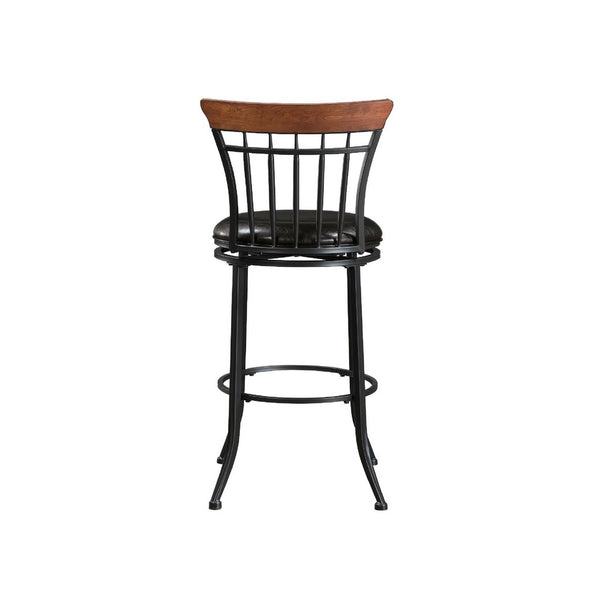 Nira Swivel Bar Height Chair, Brown Faux Leather, Wood Back, Black Metal - BM345428