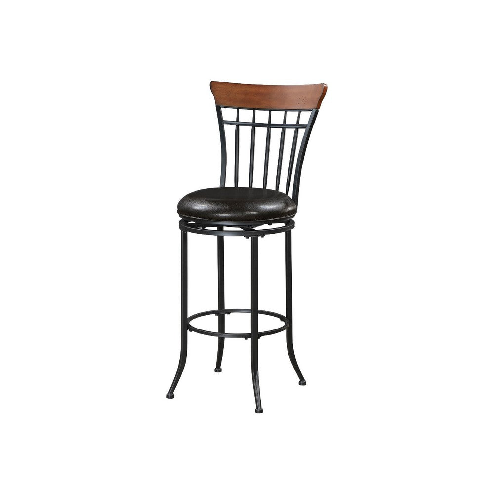 Nira Swivel Bar Height Chair, Brown Faux Leather, Wood Back, Black Metal - BM345428