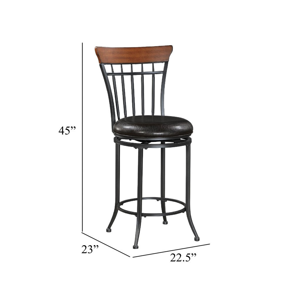 Nira Swivel Bar Height Chair, Brown Faux Leather, Wood Back, Black Metal - BM345428