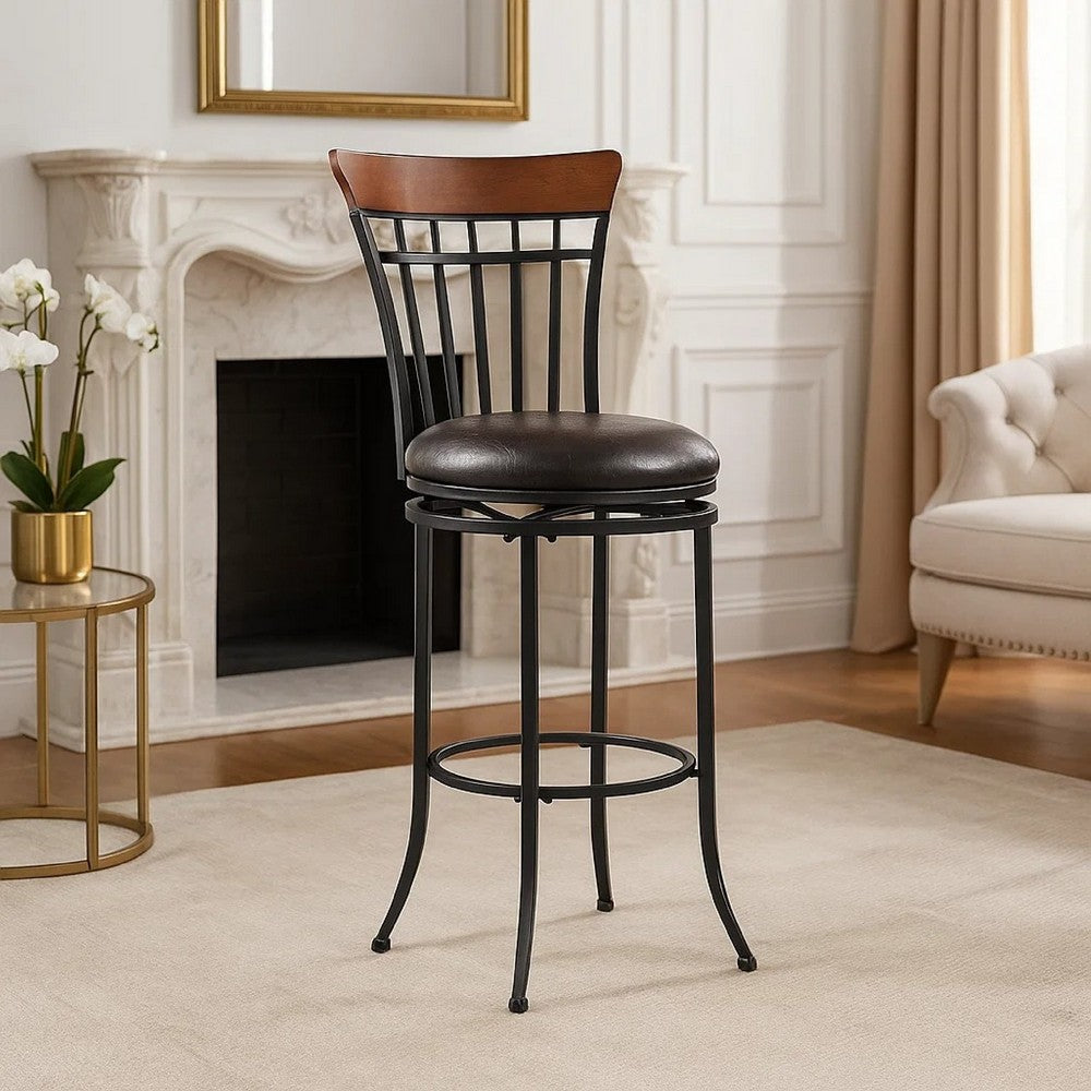Nira Swivel Bar Height Chair, Brown Faux Leather, Wood Back, Black Metal - BM345428