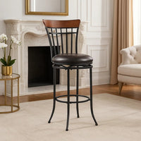 Nira Swivel Bar Height Chair, Brown Faux Leather, Wood Back, Black Metal - BM345428