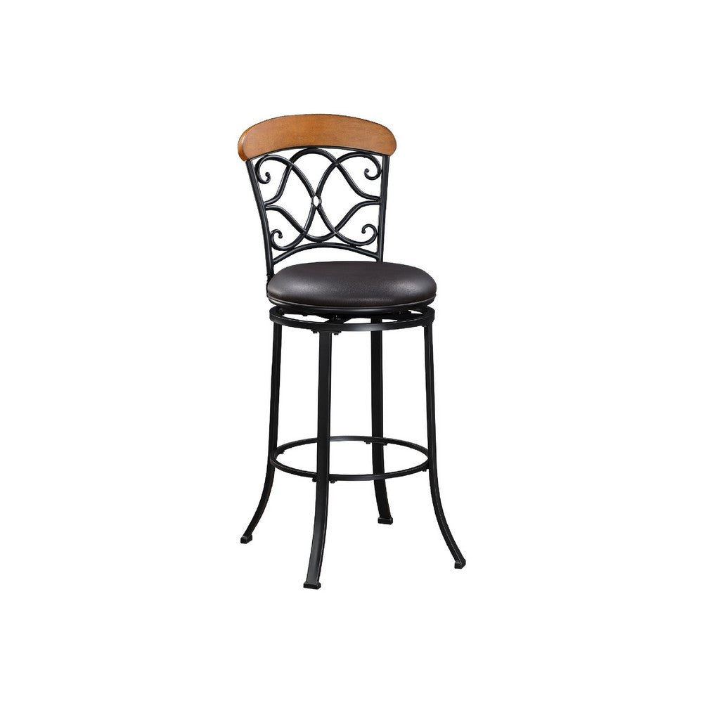 Soni Swivel Bar Height Chair, Scroll Back, Faux Leather, Black Metal - BM345430